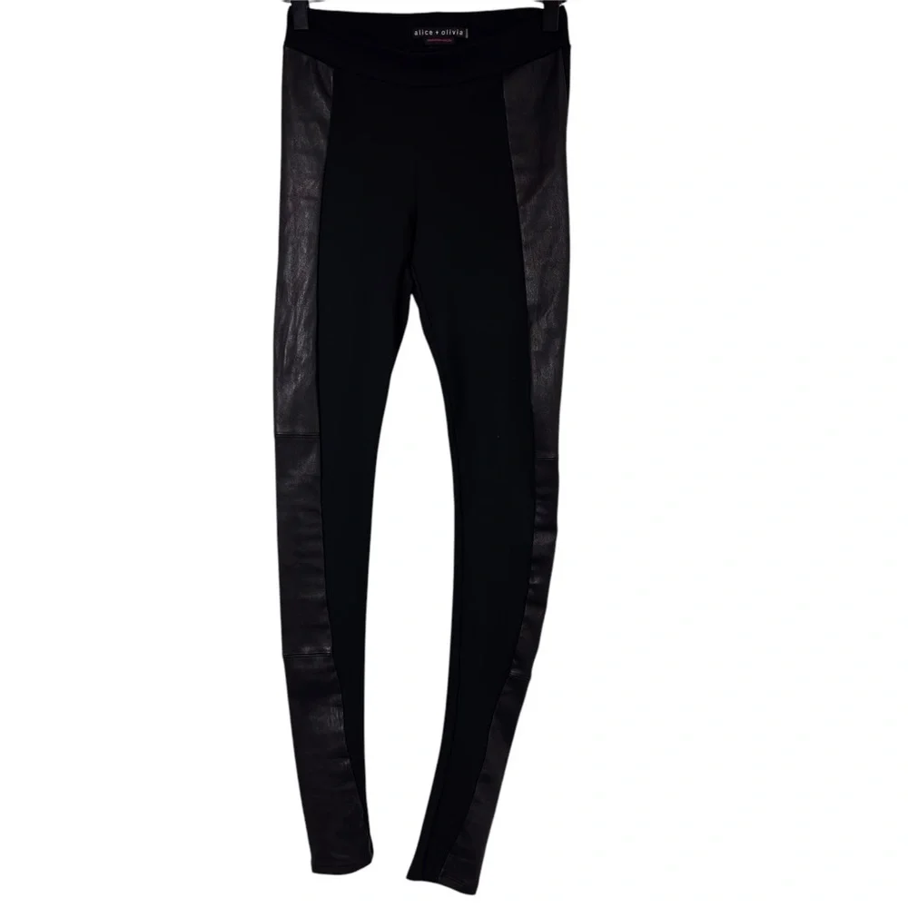 ALICE + OLIVIA LEATHER SIDE PANEL BLACK STRETCHY LEGGINGS NO SIZE - Picture 2 of 7